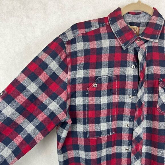 Vintage Red SzM Red Blue Gray Flannel Plaid Button Up Shirt - Picture 3 of 8